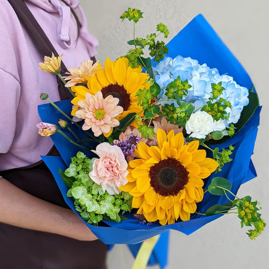 sunflower spring and blue (small-medium bouquet)