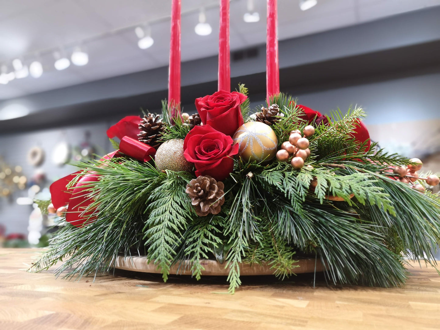 Christmas flat centerpiece with taper candles