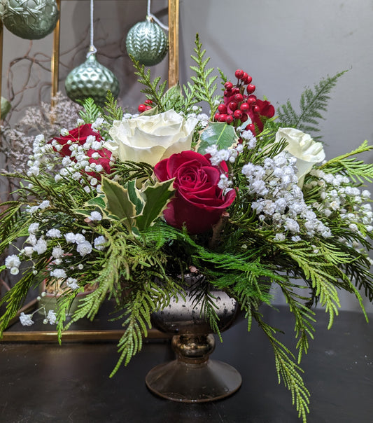 Medium holiday centerpiece in low glass urn