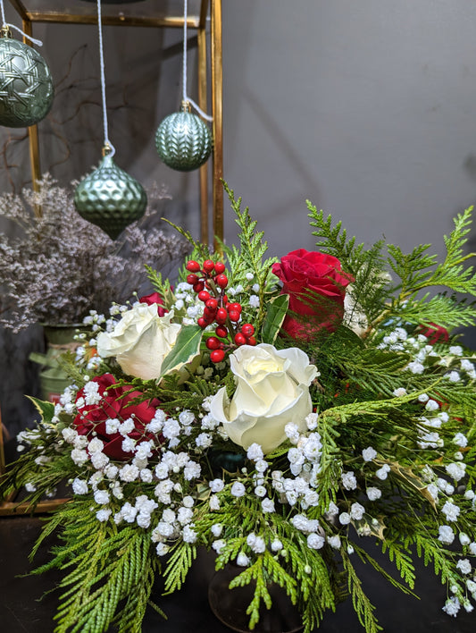 Medium holiday centerpiece in low glass urn