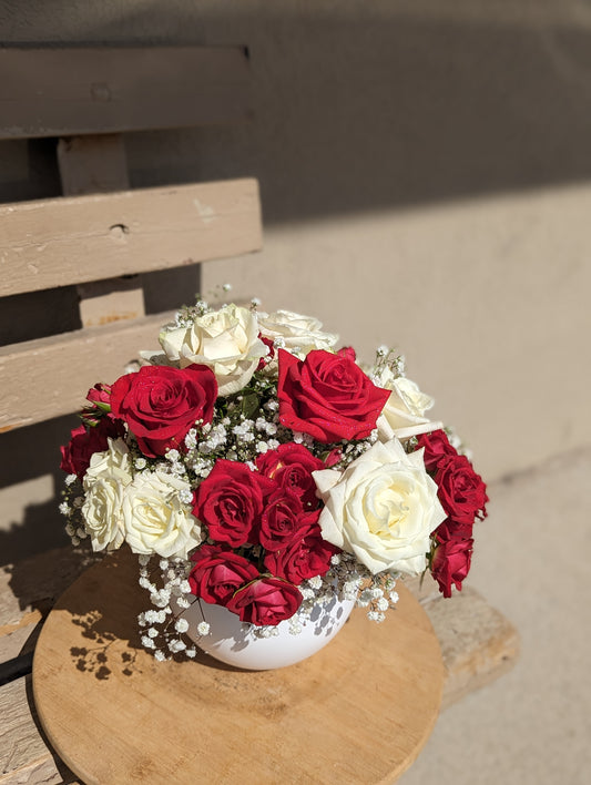 Red and white roses pot arrangement
